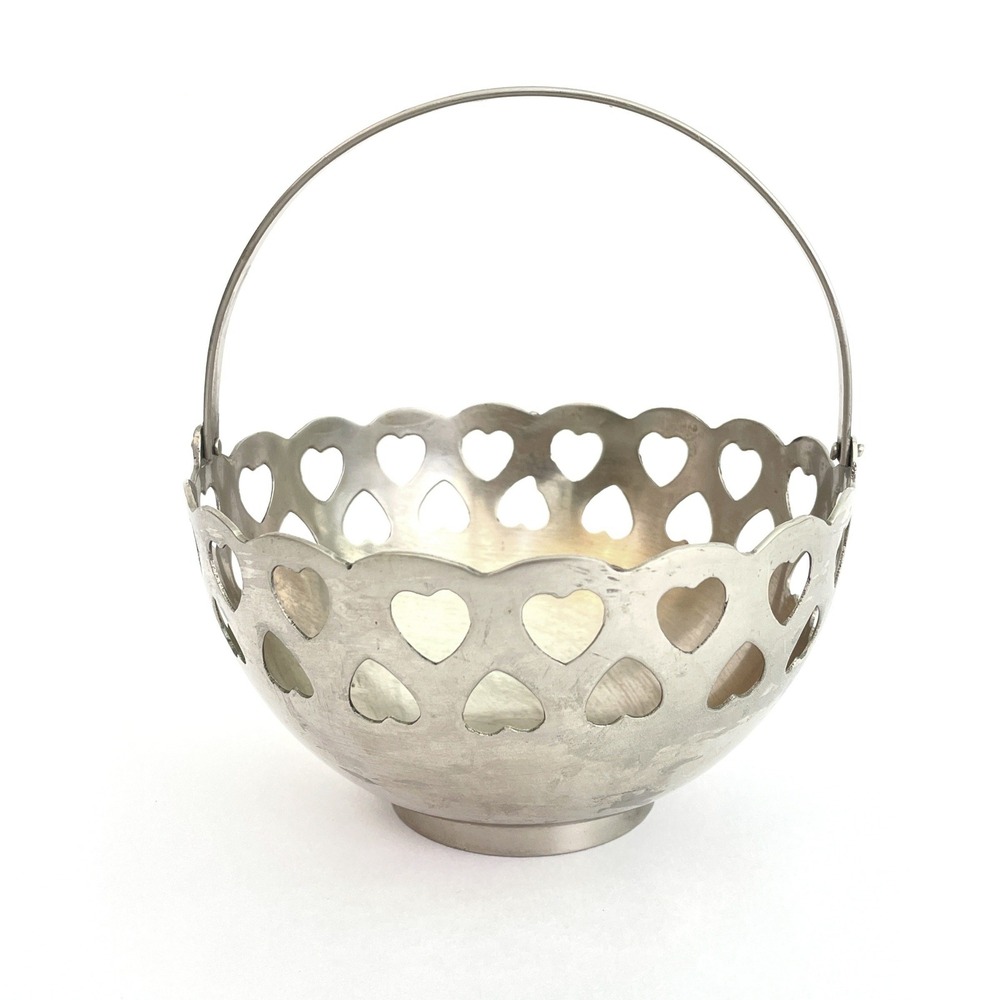 Vintage Silver Tone Metal Heart Cutout Basket Swing Handle Scalloped Bowl